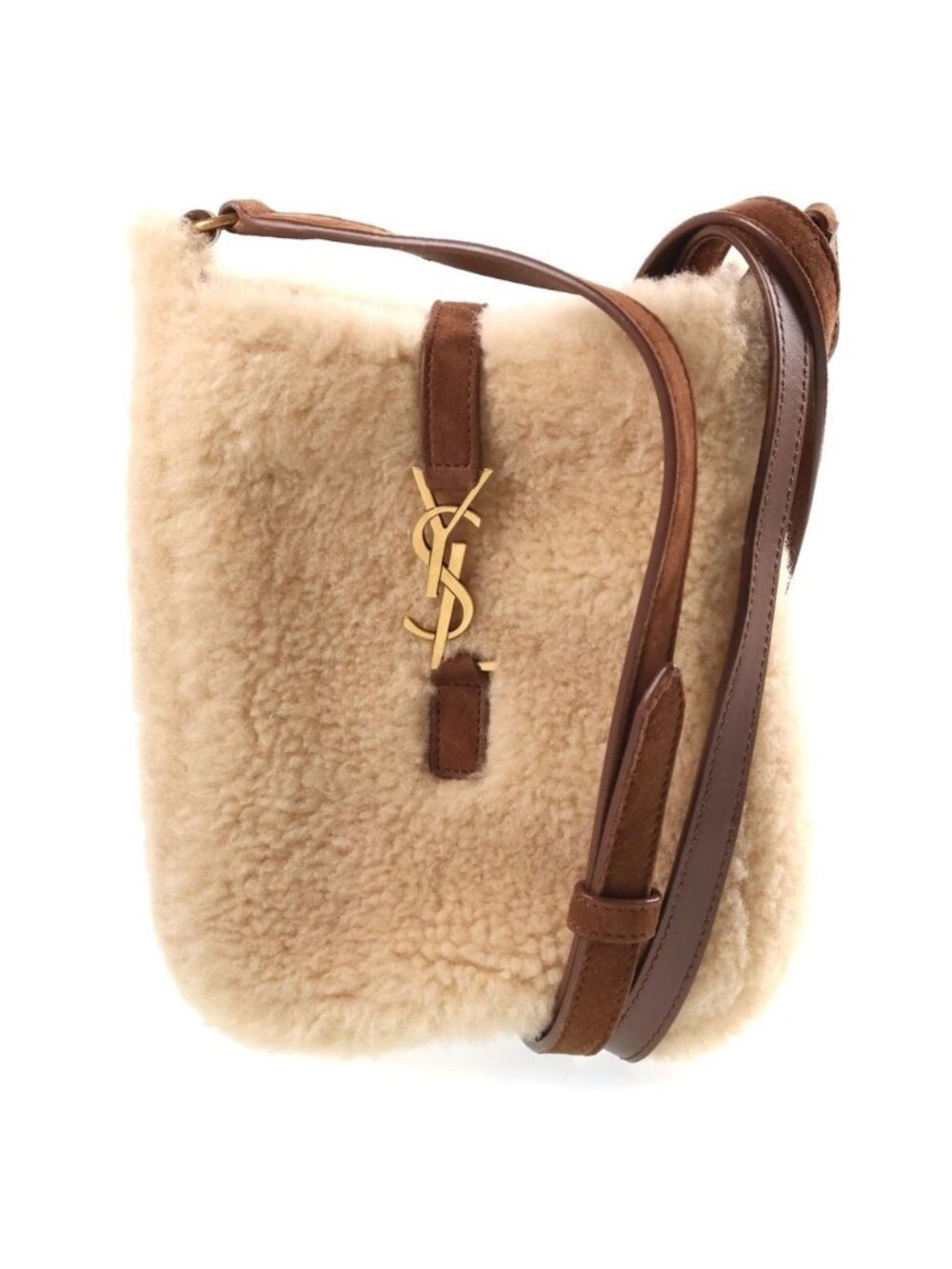 Saint Laurent Paris le 5 a 7 Cassandra Leather Fleece Shoulder Bag Beige